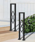 Level Up Your Staircase Setup With This Solid Black Wrought Iron U Shaped Handrail Offering A Clean Diamond Pattern Built Tough For Patio Deck Safety With A Dependable Non Slip Grip And No Sweat Install. Two vertical U-shaped handrails with diamond patterns installed on wooden steps.