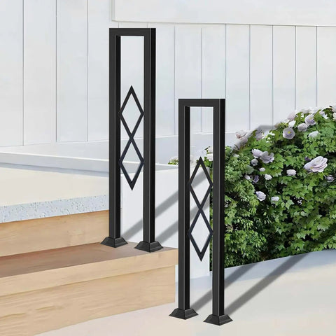 Level Up Your Staircase Setup With This Solid Black Wrought Iron U Shaped Handrail Offering A Clean Diamond Pattern Built Tough For Patio Deck Safety With A Dependable Non Slip Grip And No Sweat Install. Two vertical U-shaped handrails with diamond patterns installed on wooden steps.