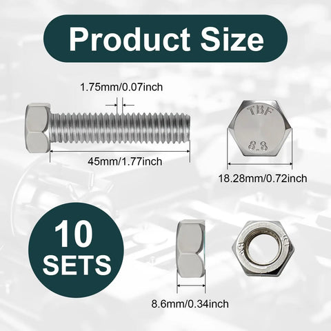 Rock Solid GIYI 304 Stainless Steel M12 Hex Bolt Set With Nuts Washers showing detailed product size measurements and dimensions.