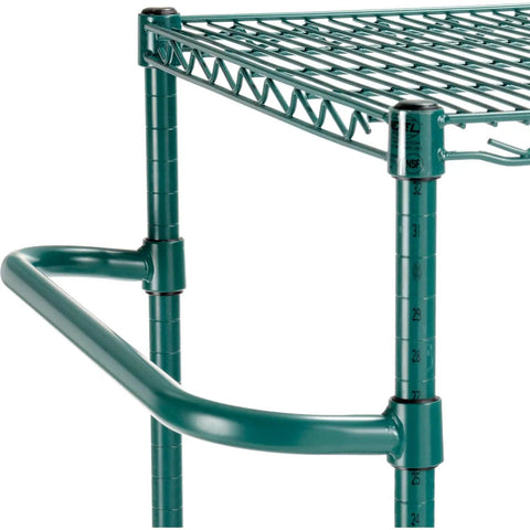 Close-up view of adjustable rack on Slick Rolling Heavy Duty Two Shelf Utility Cart In Poly Green for smooth inventory management.