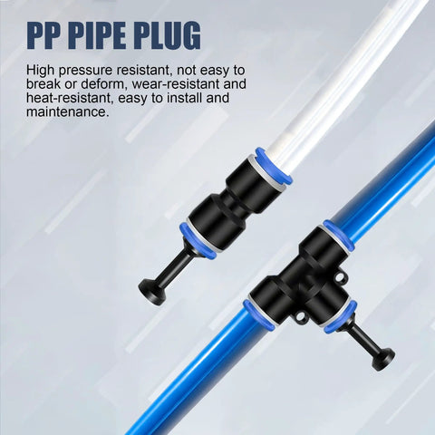 Close-up of PP pipe plug from Pro Grade 175 Piece Push To Connect Air Hose Fittings Kit With NPT Threads, black and blue fittings.