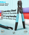 Shall Pex crimping cinch tool with 8.5in teal/black handles, pipe cutter, and 20x1/2in + 10x3/4in clamps in bag