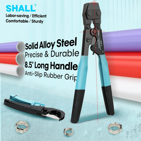Shall Pex crimping cinch tool with 8.5in teal/black handles, pipe cutter, and 20x1/2in + 10x3/4in clamps in bag