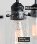 Close-up of Rayne 9.5 Inch Modern Farmhouse Wall Sconce with Black Gooseneck Light and Tapered Seeded Glass Shade in Matte Black Finish