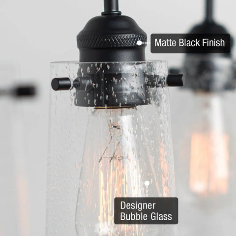 Close-up of Rayne 9.5 Inch Modern Farmhouse Wall Sconce with Black Gooseneck Light and Tapered Seeded Glass Shade in Matte Black Finish
