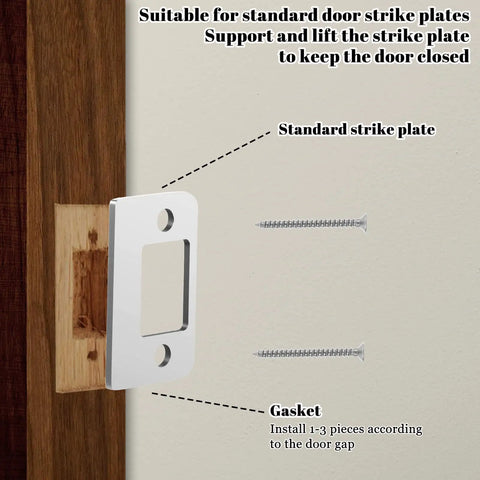 Top Shelf Door Strike Shim Plates With Stainless Steel Spacers Deadbolt Restorer Alignment Kit showing strike plate installation guide.
