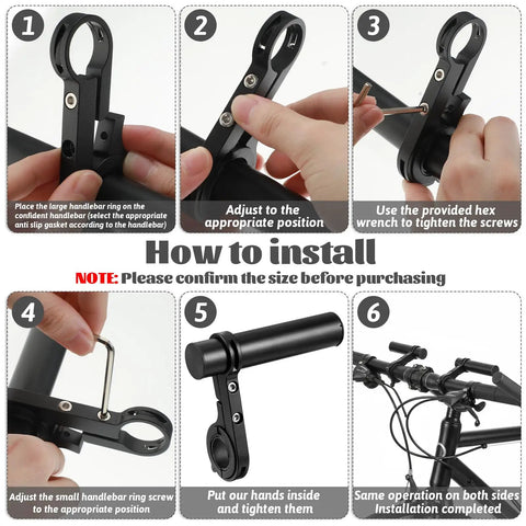 Installation guide for Two Pack Aluminum Bicycle Handlebar Extenders Brackets showing handling, adjustments, and fixing steps