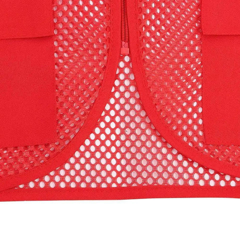 Top Shelf High Visibility Safety Vest Built To Last In Bold Red Mesh Heavy Duty Work Wear With Snug Pockets visible inner mesh and pockets.