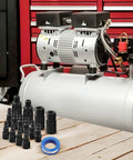 Top Shelf 15 Piece Air Hose Fitting Kit With Quick Connectors And Pneumatic Couplers For Compressor Tools Plus Black Steel Adapters And Tape For Heavy Duty Jobs, black steel fittings on workbench