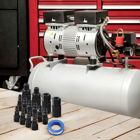 Top Shelf 15 Piece Air Hose Fitting Kit With Quick Connectors And Pneumatic Couplers For Compressor Tools Plus Black Steel Adapters And Tape For Heavy Duty Jobs, black steel fittings on workbench