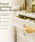 Slick 1.38 Inch Flower Shape Crystal Cabinet Knobs With Heavy Duty Solid Brass Base used on a dresser drawer for elegant upgrade.