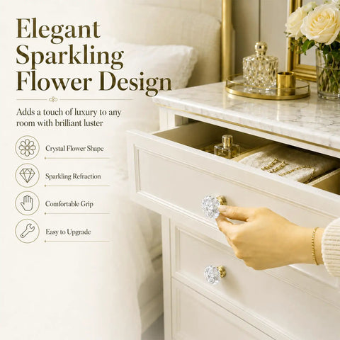 Slick 1.38 Inch Flower Shape Crystal Cabinet Knobs With Heavy Duty Solid Brass Base used on a dresser drawer for elegant upgrade.