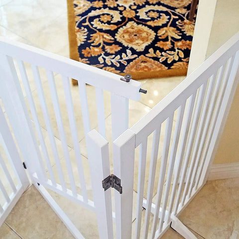 White 360-degree configurable pet gate with Wooden Support Feet For 360-Degree Configurable Pet Gate, White, A Pair, Plywood Feet For 0.75 Inch Gate Thickness, Sturdy, Wear-Resistant With Smooth Satin Finish, Keeps Gates Level And Stable On Wood Floors on tiled floor.