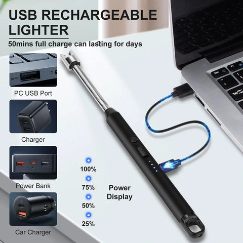 2 Pack USB C Rechargeable Candle Lighters With 360 Degree Flexible Neck And Safety Lock shown charging via laptop USB port
