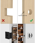 Comparison of door lock installation methods; left shows incorrect cutting, right shows proper install with Brushed Nickel Pocket Door Lock Privacy Square Hardware Not Adjustable for Pocket Doors and Sliding Doors One Pack Fits Standard Interior Doors and Common Pocket Door Thicknesses with Easy Install and Durable Construction