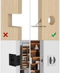 Comparison of door lock installation methods showing Two Pack Brushed Nickel Privacy Pocket Door Lock Set with square handles.