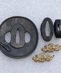Samurai Sword Koshirae Set With Tsuba Fuchi Kashira And Menuki In Black Stainless Steel Tsuba And Copper Accents 8 To 9 Cm Tsuba