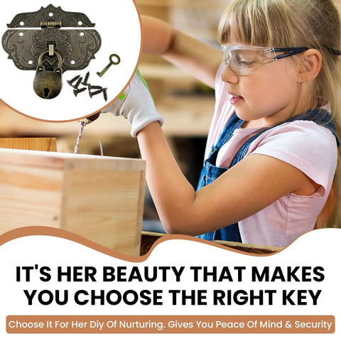 Girl using the Old School Vintage Hasp And Padlock Set Bronze Zinc Alloy Decorative Latch Kit for woodwork project.