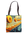 Colorful tote bag featuring cheese factory conveyor belt art, 16x16 inches, perfect for cheese tasting and culinary events.