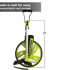 DigiRoller Plus III 12.5 Inch Electronic Distance Measuring Wheel folded for easy storage, features large backlit display and carrying pack.