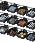 12 Pack Slatwall Bins With Hooks Plastic Organizer Set For Slatwall Storage holding various hardware, black bins installed on slatwall.