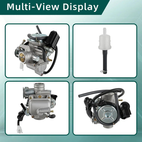 GY6 150Cc Carburetor 26mm Intake for scooter go kart with multi-view display of various angles and components