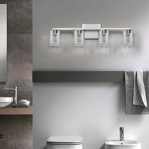 4 Light Brushed Nickel Crystal Vanity Light Fixtures With Dimmable LED Over Mirror, mounted upward in modern bathroom setting.