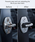 Before and after comparison of vehicle door latch using Four Piece Silicone Car Door Lock Protectors To Ditch The Slam Noise And Guard Vehicle Jambs From Scuffs.