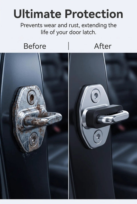 Before and after comparison of vehicle door latch using Four Piece Silicone Car Door Lock Protectors To Ditch The Slam Noise And Guard Vehicle Jambs From Scuffs.