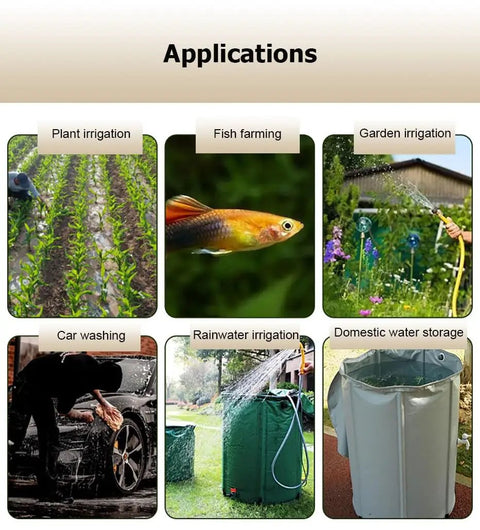 Applications of Collapsible Rain Barrel 264 Gallon Water Storage Tank for irrigation, fish farming, car washing, and water storage.