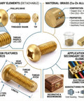 Premium M5 X 10mm Brass Phillips Pan Head Machine Screws displayed with specs for electronics and woodworking applications.