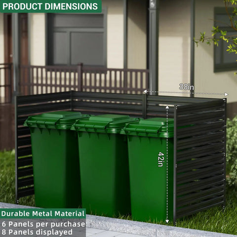 Three-Panel 42-Inch High Outdoor Privacy Fence For AC Units And Trash Cans - Black Metal Panels shown with green trash bins
