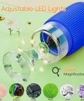 Kids Digital Microscope With 2 Inch IPS Display, 1000X Magnification showcasing lens structure with LED lights and sample images.