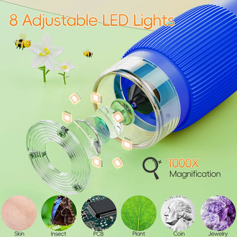 Kids Digital Microscope With 2 Inch IPS Display, 1000X Magnification showcasing lens structure with LED lights and sample images.