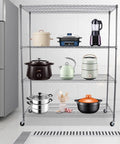 Heavy Duty 4 Tier Wire Shelving Rack Smooth Operator Design displaying kitchen cookware and utensils on adjustable shelves.