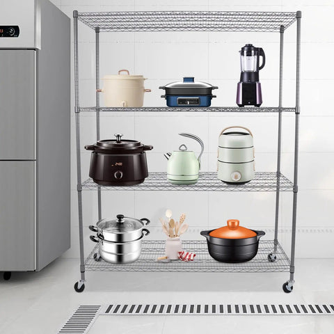 Heavy Duty 4 Tier Wire Shelving Rack Smooth Operator Design displaying kitchen cookware and utensils on adjustable shelves.