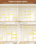 Extra Large Industrial Pipe Clothing Rack With Five Tier Shelves And Hanging Rods Freestanding Portable Closet Organizer System 88.6 Inches Wide Beefed Up Heavy Duty Wardrobe Holds Up To 1300 Lbs White, multiple installation options shown in different configurations.