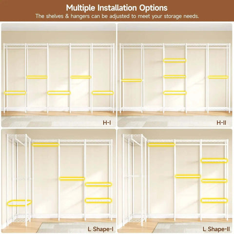 Extra Large Industrial Pipe Clothing Rack With Five Tier Shelves And Hanging Rods Freestanding Portable Closet Organizer System 88.6 Inches Wide Beefed Up Heavy Duty Wardrobe Holds Up To 1300 Lbs White, multiple installation options shown in different configurations.
