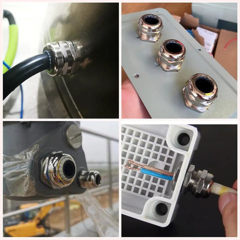Two Pack Stainless Steel Waterproof Cable Gland With Nut For NPT Half Inch Threads Adjustable 8 To 12mm Cable Gland Protectors Easy Install Built Tough Weatherproof Corrosion Resistant Long Lasting And Ideal For Outdoor And Industrial Use, shown on enclosure