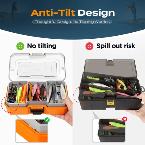All-In-One Fishing Lures Kit With Tackle Box And 373-Piece Gear Set, Ready-To-Use Tackle Included showing anti-tilt design