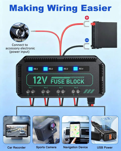 Drop In 12V Fuse Block With 20A Relay Junction Kit featuring illuminated circuits and wires for easy installation in vehicles.