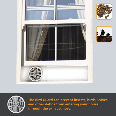 Portable Air Conditioner Window Seal Kit 5 Inch Universal Vent For Exhaust Hose installed on vertical window with bird guard