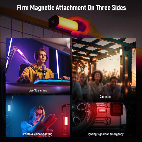 Magnetic Handheld RGB Light Wand With 360 Degree Color used for streaming, camping, photo shooting, and as emergency light.