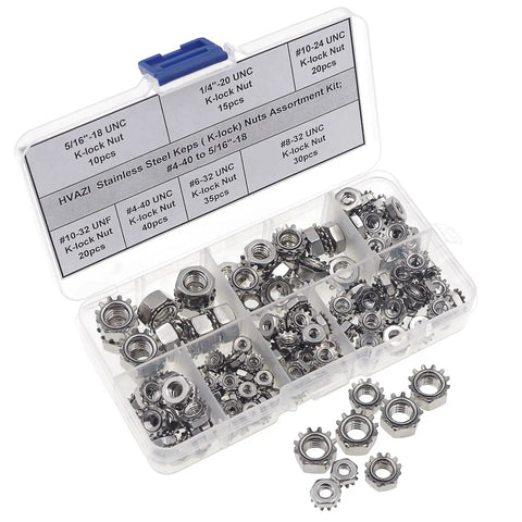 Stainless Steel Keps Nuts With K-Lock Lock Washers Assortment Kit 170 Pieces Sizes 4-40 To 5/16-18 UNC 304/420 Stainless