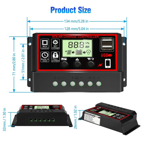 30A Solar Charge Controller With Dual USB Ports For 12V 24V Systems PWM Auto Parameter Adjustable LCD Display Black Regulator