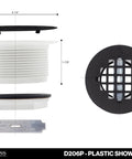 Heavy Duty No Caulk Shower Drain With Slick Polished Chrome Grate, 4.25in size, showing components for easy bathroom plumbing installation.