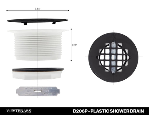 Heavy Duty No Caulk Shower Drain With Slick Polished Chrome Grate, 4.25in size, showing components for easy bathroom plumbing installation.