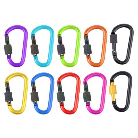 Durable Aluminum D Ring Carabiners With Screw Gate Clips 10 Pack Multicolor for hiking and gear organization displayed