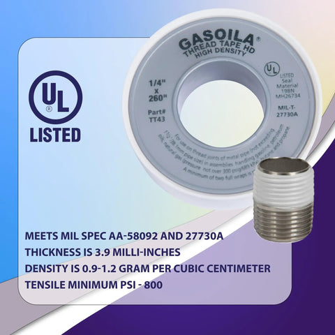 Pro Grade PTFE Thread Seal Tape For Plumbing And HVAC Applications One Quarter Inch By Two Hundred Sixty Inch Heavy Density Tape Delivers Leak Proof Seals On Gas Lines Water Pipes And Air Compressors Non Toxic, shown with UL listing and metal threaded connection.