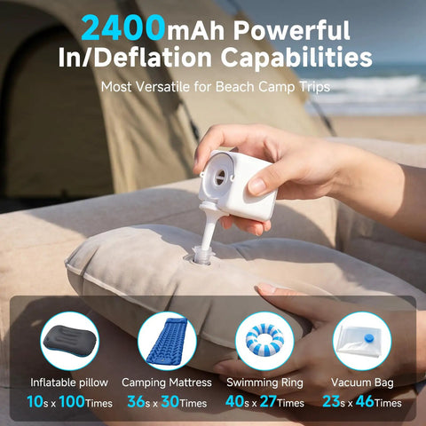 Using pocket sized ultra compact portable air pump for inflatables and air beds with USB rechargeable battery to inflate a pillow at beach.